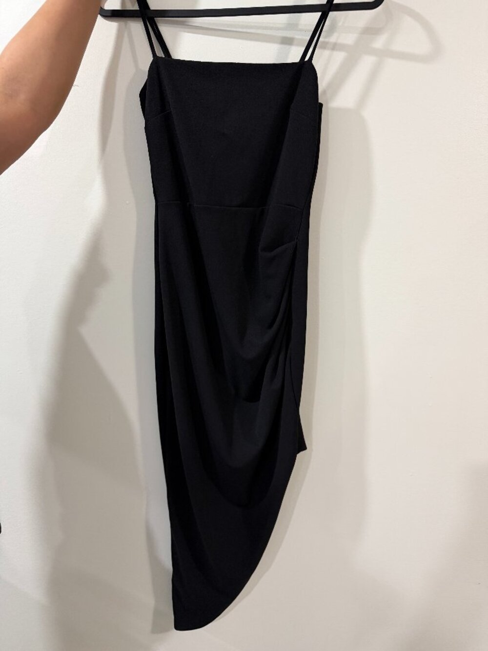 Black Asymmetrical Midi Dress – Draped Satin Look | Minimal Chic